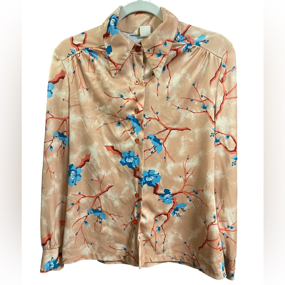 Complements 70s Dagger Collar Floral Blouse with Blue Accents